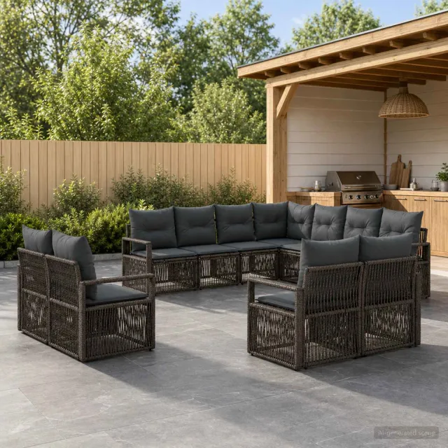vidaXL Tuinbankenset 11 st 11-zits Grijs poly rattan, foto 2