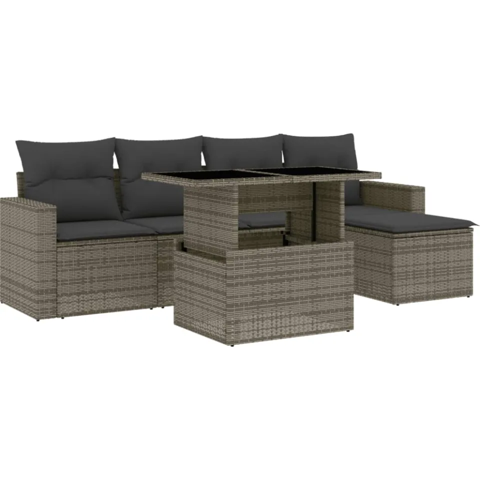 vidaXL 6-delige Loungeset met kussens poly rattan grijs, foto 3