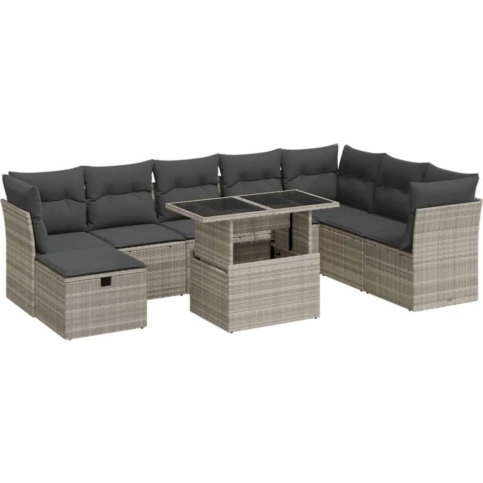 vidaXL 9-delige Loungeset met kussens poly rattan lichtgrijs grijs, foto 3