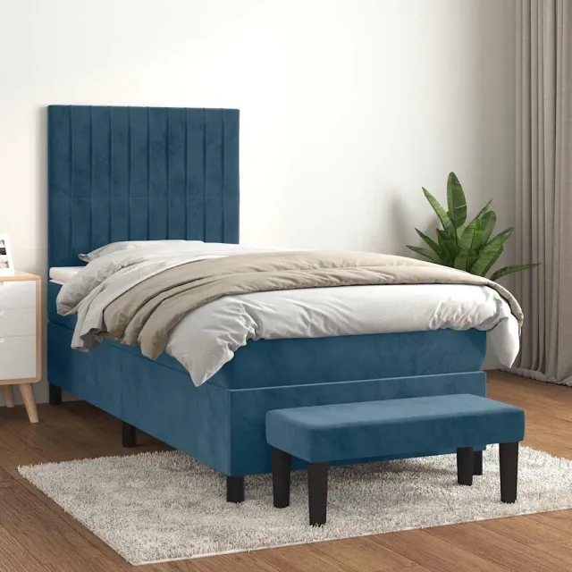vidaXL Boxspring met matras fluweel donkerblauw 100x200 cm blauw