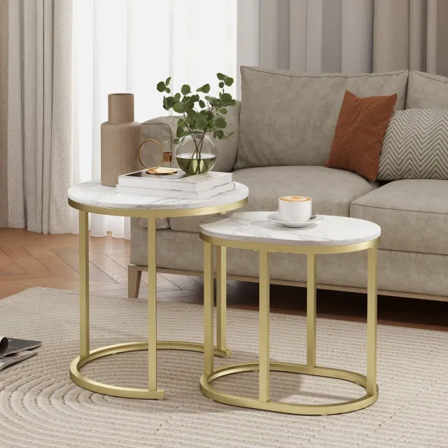 DESMIU Salontafel Set Van 2 - Stapelbaar Met Marmerlook En Metalen Frame - Voor Woonkamer En Hal - MDF En Metaal - Wit - Rond