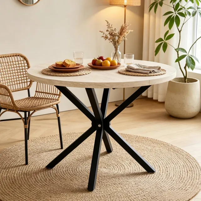 Wishdor Ronde eettafel - Houtlook tafelblad - Zwarte metalen x-poot - Moderne stijl - Eetkamer woonkamer thuiskantoor - Bewerkt hout en metaal - Zwart en houtkleur - 100 x 100 x 76,5 cm
