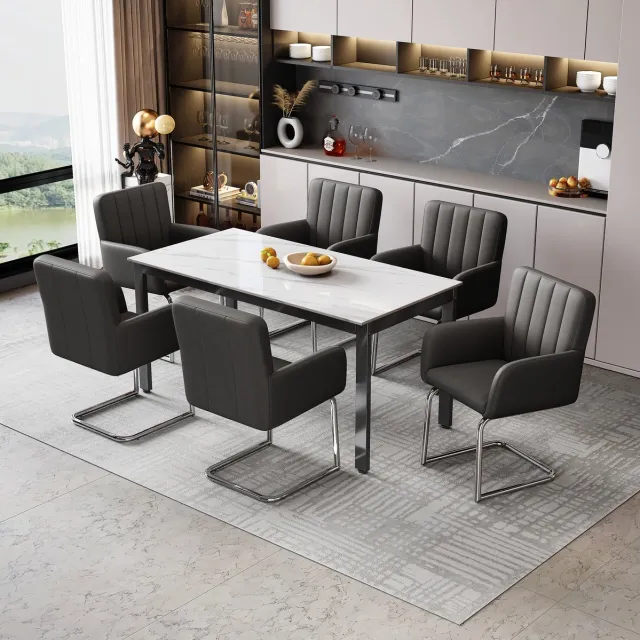 FloraGrace Eetkamerstoel Set Van 6 – Met Armleuningen En Zitting Van Kunstleer – Zwart – Modern Design – Voor Eetkamer En Woonkamer – Metaal