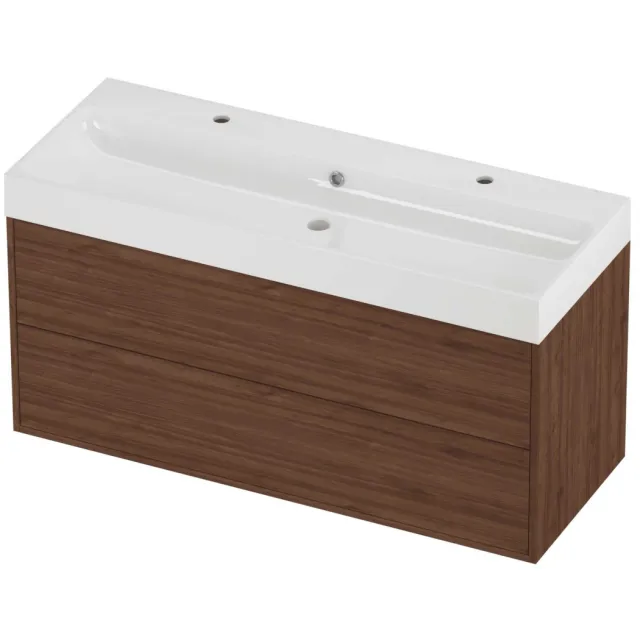 Proline Podium Badmeubelset Polystone Loft 2 Gaten 120x46x62 cm Glans Wit Indian Walnut Houtlook