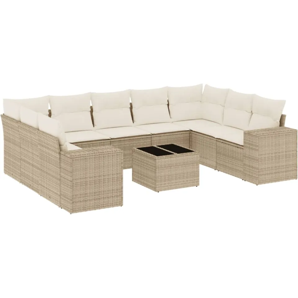 vidaXL 10-delige Loungeset met kussens poly rattan beige, foto 3