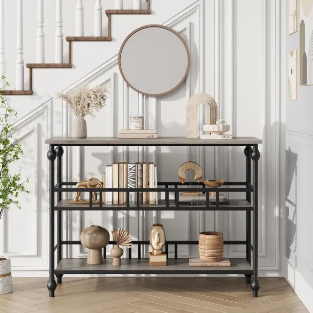 Danky Industriële Sidetable 109 cm - Smalle Consoletafel met 3 Niveaus - Wandtafel voor Gang & Woonkamer - Vintage Houtlook - Grijs & Zwart