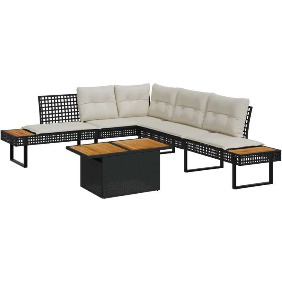 vidaXL 2-delige Loungeset met kussens poly rattan en acaciahout zwart