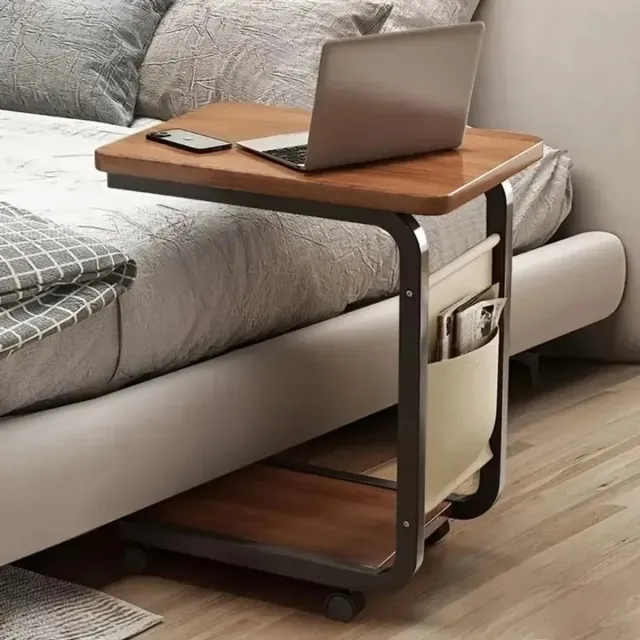 Venzor C‑vormige Rollende Bijzettafel – Massief Houten Tafelblad – Met Opbergtas & Metalen Frame – Mobiele Salon- & Banktafel – Bruin