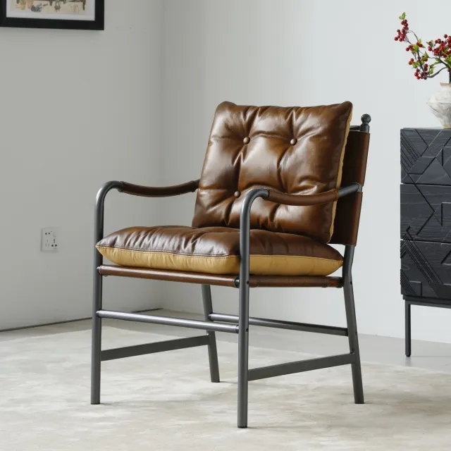 HAUSS SPOLE Fauteuil - Mid Century Modern Leren Fauteuil - Met Armleuningen En Knopenrug - Voor Woonkamer En Slaapkamer - Metaal Bruin