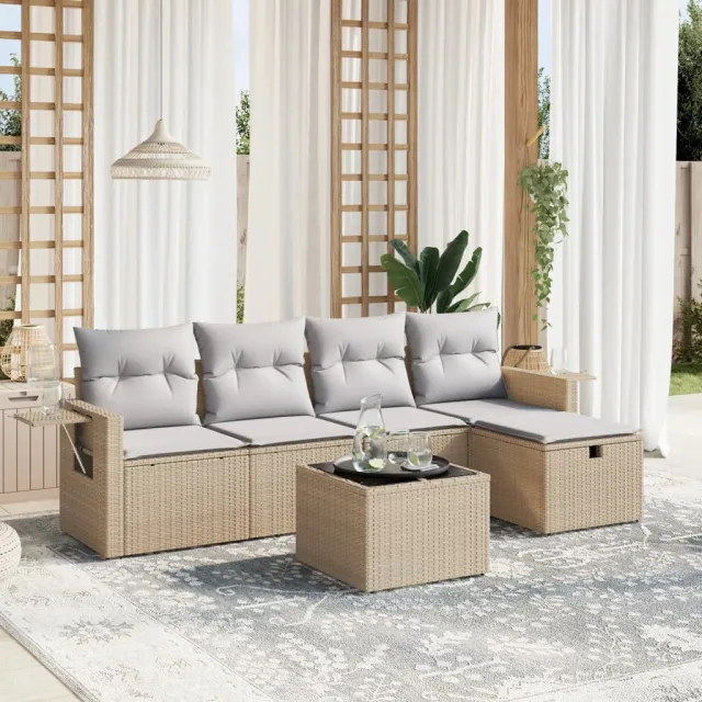 vidaXL 6-delige Loungeset met kussens poly rattan gemengd beige, foto 2