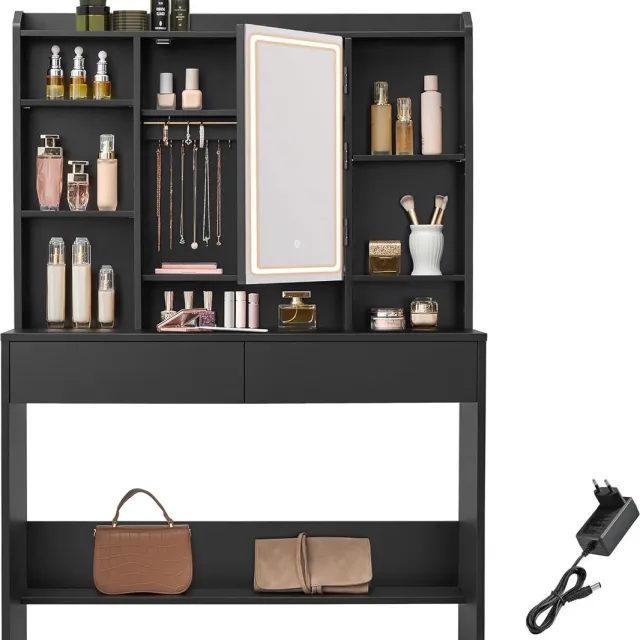 FurnStar Make-uptafel met LED-verlichting en Spiegel – Kaptafel met 3 Lichtkleuren & Dimbaar – Met 2 Lades en Verstelbare Planken – Modern Design – Inktzwart