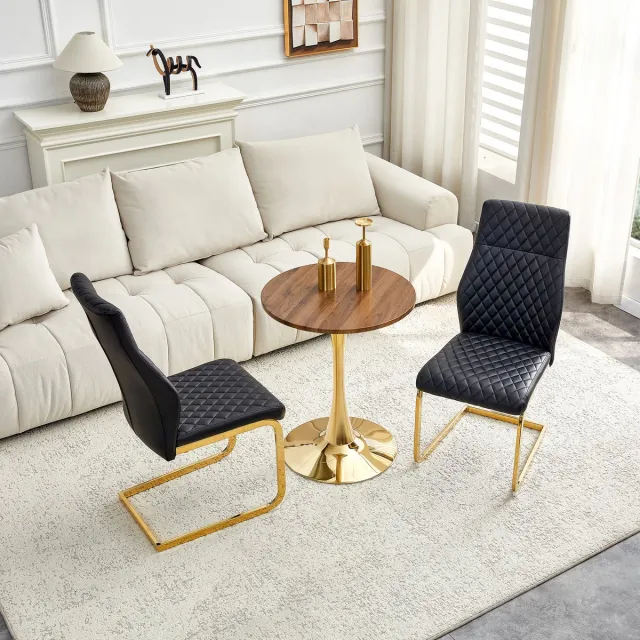 STILVORA Ronde Eettafel Set Met 2 Stoelen 60 Cm Walnootlook MDF En Metaal Voor Eetkamer En Woonkamer Zwart Goud Zwart+Goud,Walnoot