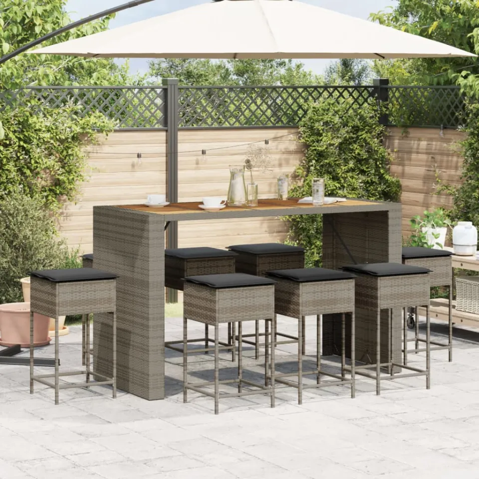 vidaXL 9-delige Tuinbarset met kussens poly rattan grijs, foto 2