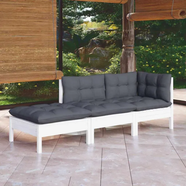 vidaXL 3-delige Loungeset met kussens massief grenenhout wit, foto 2