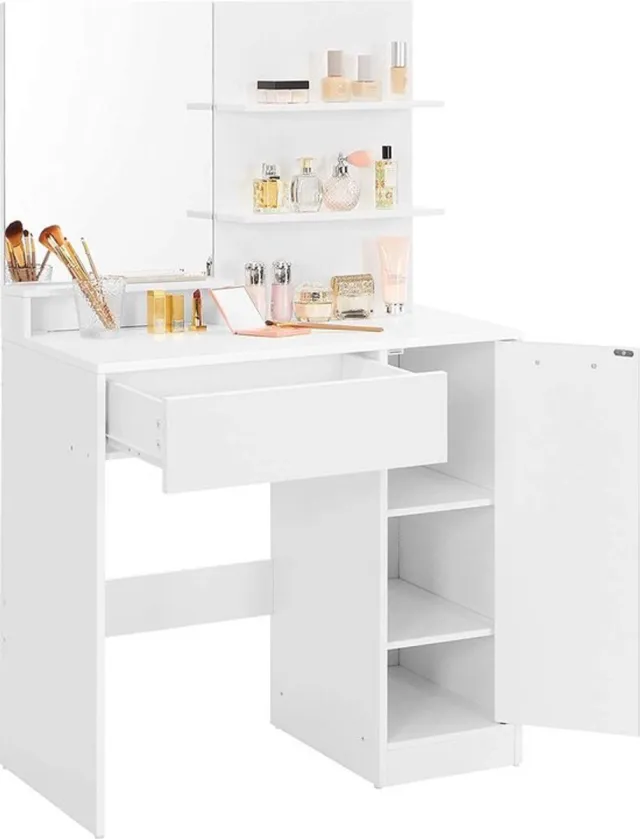 FurnStar Kaptafel - Makeuptafel Met Spiegel - 2 Legplanken - Inclusief Lade En Extra Kastje - Wit