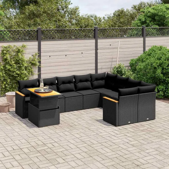 vidaXL 10-delige Loungeset met kussens poly rattan zwart, foto 2
