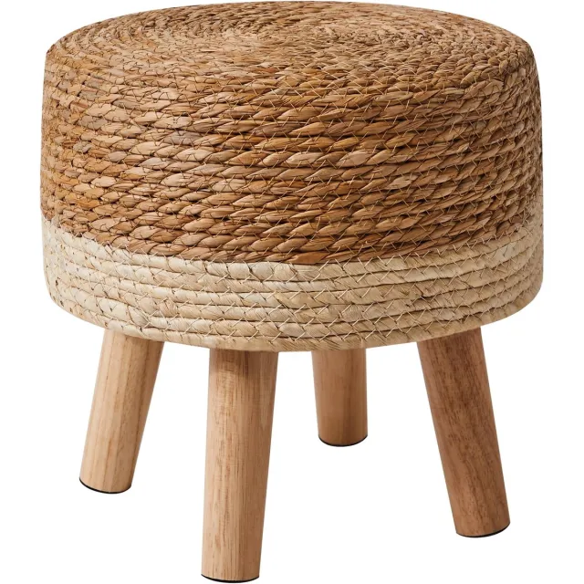 Famanu Houten voetenbank, ronde poef met handgevlochten zitting, zachte gevoerde kruk, voor woonkamer en slaapkamer, 32 x 32 x 32 cm, beige