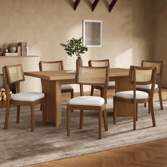 FloraGrace Eetkamerstoel 50 x 58 x 88 Cm – Set Van 6 Met Rotan Rugleuning En Linnen Kussen – Voor Eetkamer Of Woonkamer – Hout – Walnoot En Beige