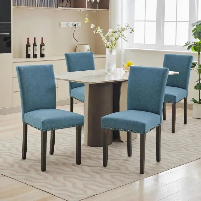 HOERFURIY Eetkamerstoelen Set van 4 - Parsons Stoelen Linnen Hout Nagels 136kg Blauw