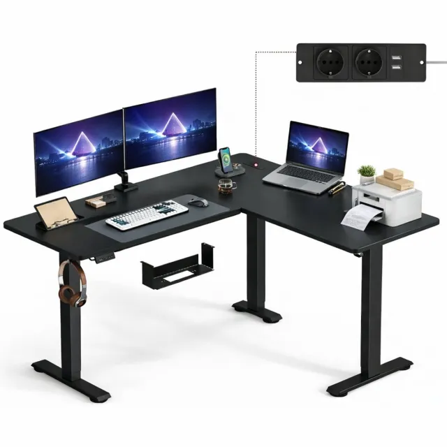 Signature Home Zit-Sta Bureau - Elektrisch in hoogte verstelbaar hoekbureau met laadstation - hoekbureau L vormig - 160 x 140 cm - zwart