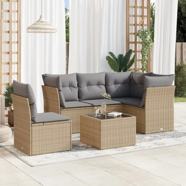 vidaXL 6-delige Loungeset met kussens poly rattan beige, foto 2