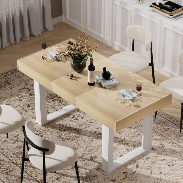 MODENUIT Eettafel - Uitschuifbaar 120-160 Cm - Retro Stijl Voor Keuken En Eetkamer - Spaanplaat - Naturel Wit Naturel+wit