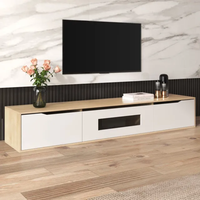 MIVRAY Tv Meubel - Hoogglans Met Ledverlichting En Geribbelde Deuren - Wandmontage Mogelijk Voor Woonkamer - Spaanplaat - 180x35x30 Cm Naturel