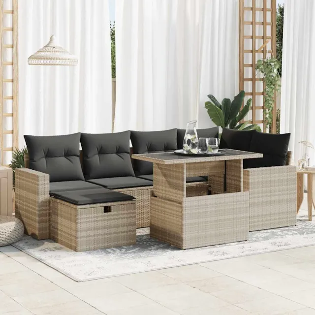 vidaXL 7-delige Loungeset met kussens poly rattan lichtgrijs grijs, foto 2