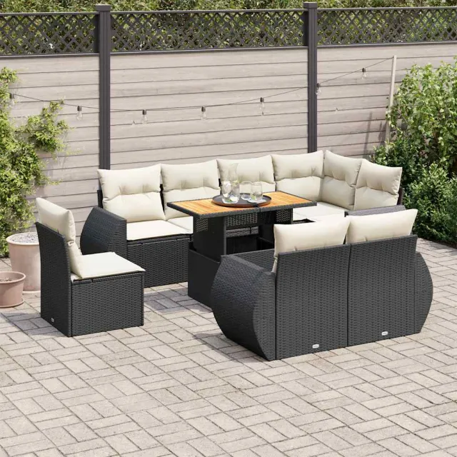vidaXL 9-delige Loungeset met kussens poly rattan zwart, foto 2