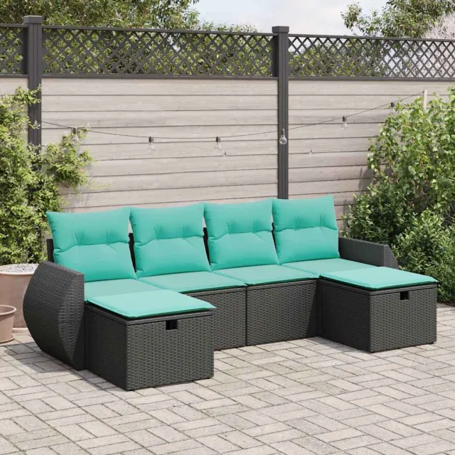 vidaXL 6-delige Loungeset met kussens poly rattan zwart, foto 2