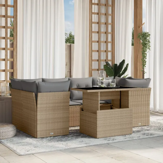 vidaXL 7-delige Loungeset met kussens poly rattan beige, foto 2