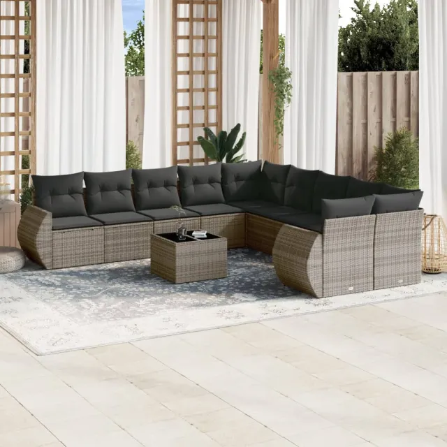 vidaXL 10-delige Loungeset met kussens poly rattan grijs, foto 2