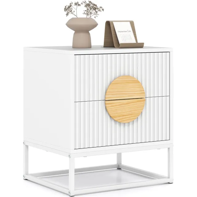 Costway Nachtkastje, bijzettafel met 2 laden, grenenhouten handgrepen en metalen frame, nachtkastje, nachtkastje, banktafel voor woonkamer, slaapkamer, 48 x 40 x 55 cm (wit)