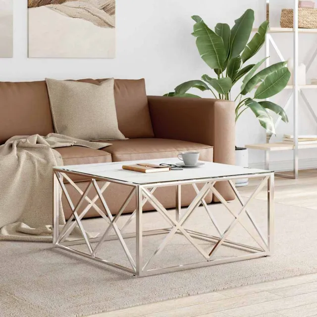 vidaXL Salontafel 80x80x40 cm roestvrij staal en glas zilverkleurig, foto 2