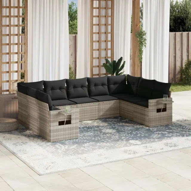 vidaXL 9-delige Loungeset met kussens poly rattan lichtgrijs grijs, foto 2