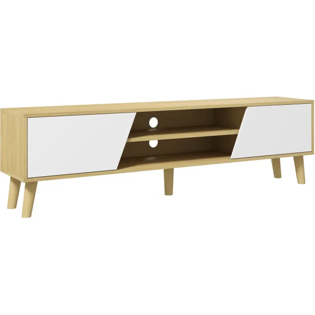 Lunpog TV-bank voor televisies tot 65 inch, Scandinavisch design, 2 deuren, 2 nissen met kabeldoorvoer, houtlook en wit, 150 x 30 x 42 cm Natuurlijk hout