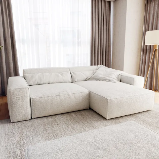 DELIFE Hoekbank Sirpio XL 270x170 cm bouclee Cream-White recamiere variabel met kruk Creme-weiß