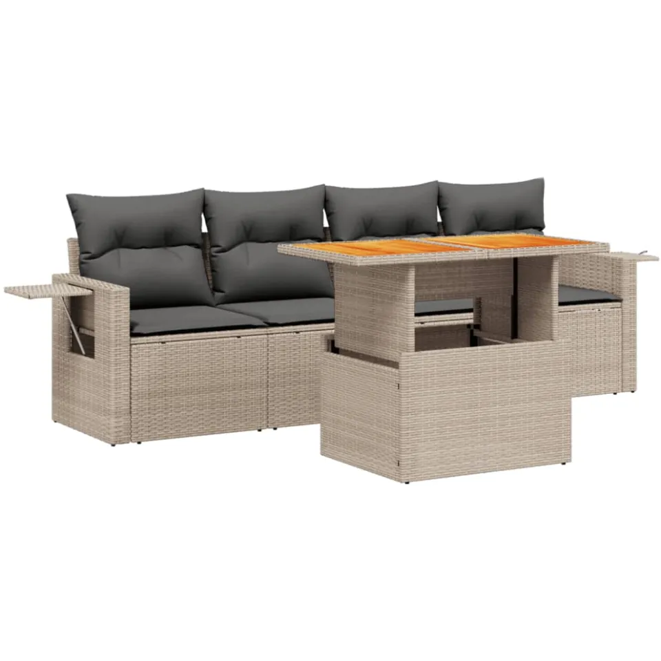 vidaXL 5-delige Loungeset met kussens poly rattan grijs, foto 3