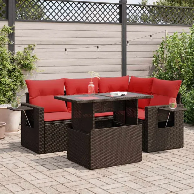 vidaXL 5-delige Loungeset met kussens poly rattan acacia bruin, foto 2