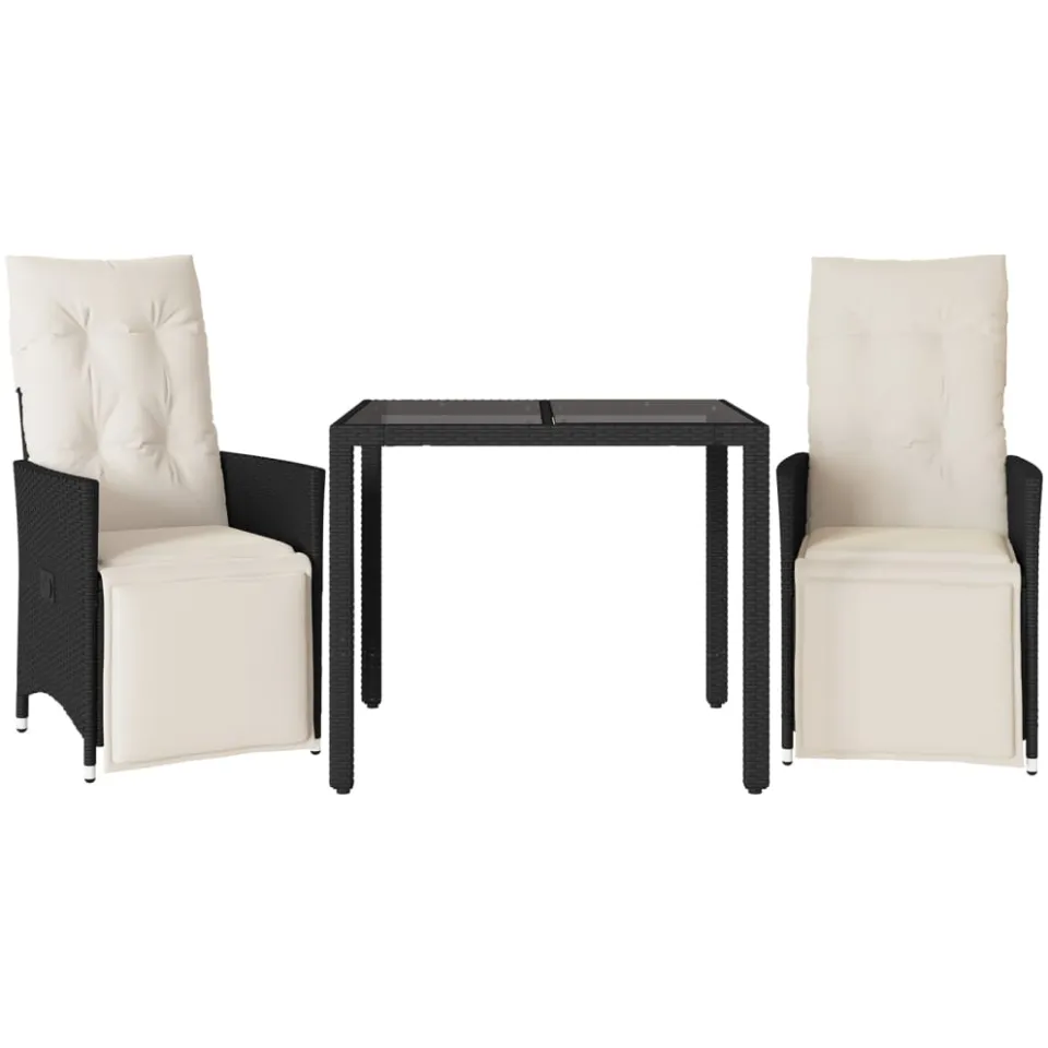 vidaXL 3-delige Bistroset met kussens poly rattan zwart, foto 3