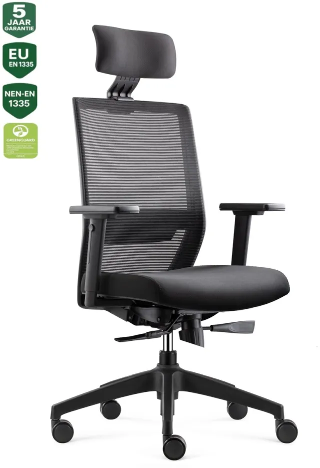 Bens 850ZH-Ergo-3 - Ergonomische Bureaustoel - Bureaustoelen voor volwassenen - Kantoorstoel - Incl. Hoofdsteun - GREENGUARD GOLD - NEN-EN1335 & ARBO normen Zwart/Zwart + Hoofdsteun