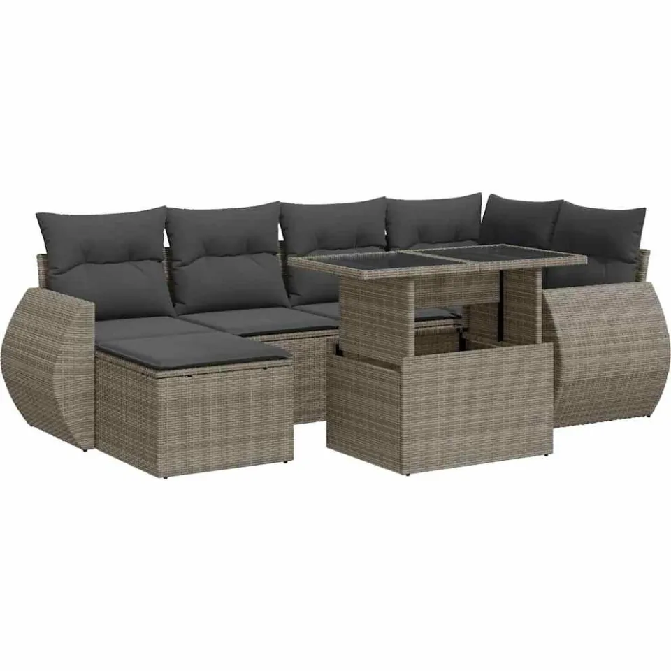 vidaXL 7-delige Loungeset met kussens poly rattan grijs, foto 3