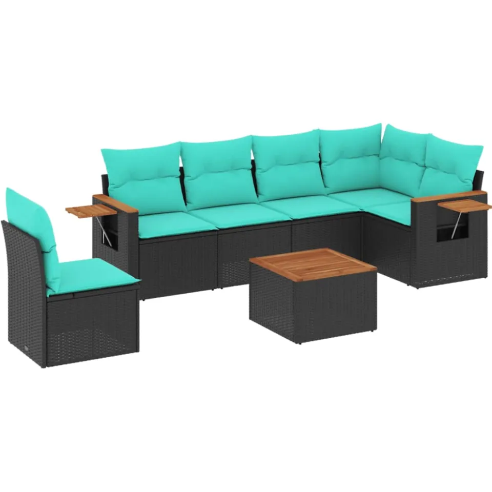 vidaXL 7-delige Loungeset met kussens poly rattan zwart