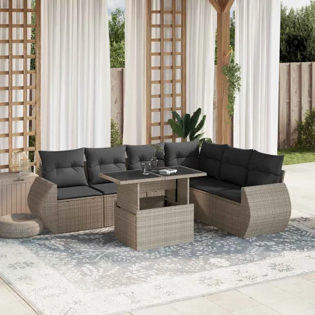 vidaXL 7-delige Loungeset met kussens poly rattan lichtgrijs grijs, foto 2