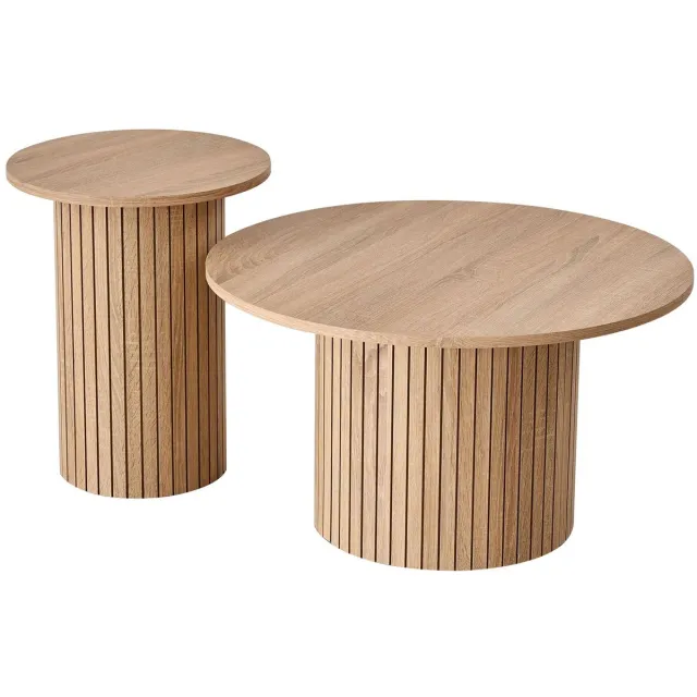 Questyr Set van 2 Ronde Salontafels – 70 cm + 40 cm – Lichtbruin – Scandinavisch Design – Houten Bijzettafels voor Woonkamer & Balkon