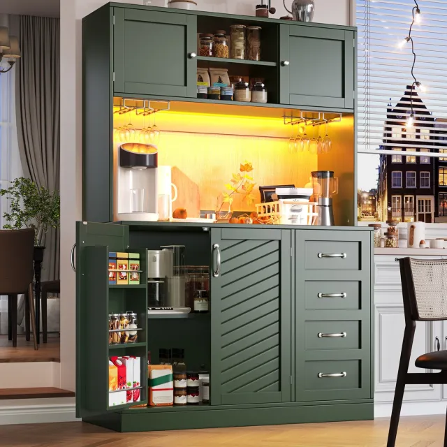 MEUNIQ Buffetkast 120x40x188 cm met LED-verlichting, 4 deuren, 2 lades en drankhouders, opbergkast voor keuken of eetkamer, groen