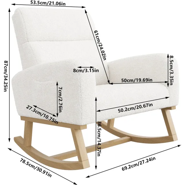 Niamora Schommelstoel - Wiegstoel - Rocking chair - Lounge schommelstoel - Met zijzakken - Massief houten onderstel - Wit