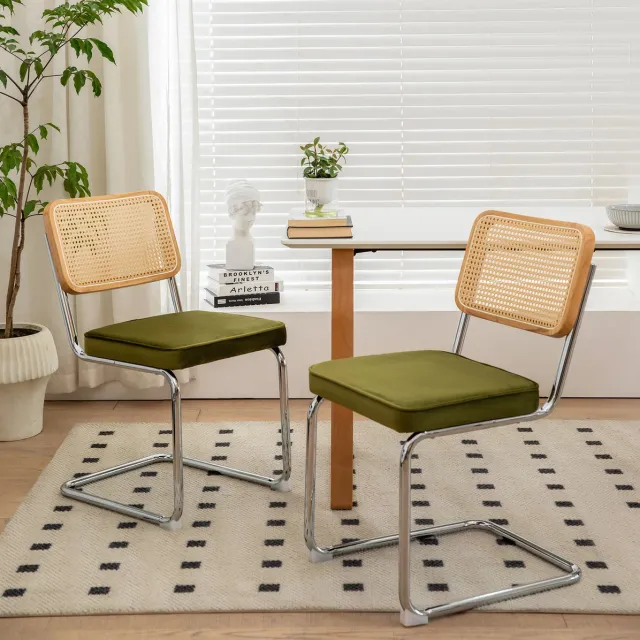 DESMIU Eetkamerstoel - 53,1 x 44,5 x 84,1 cm - Set Van 2 Stapelbare Eetkamerstoelen Met Rotan Rugleuning En Velvet Zitting - Voor Eetkamer En Keuken - Metaal Groen Green