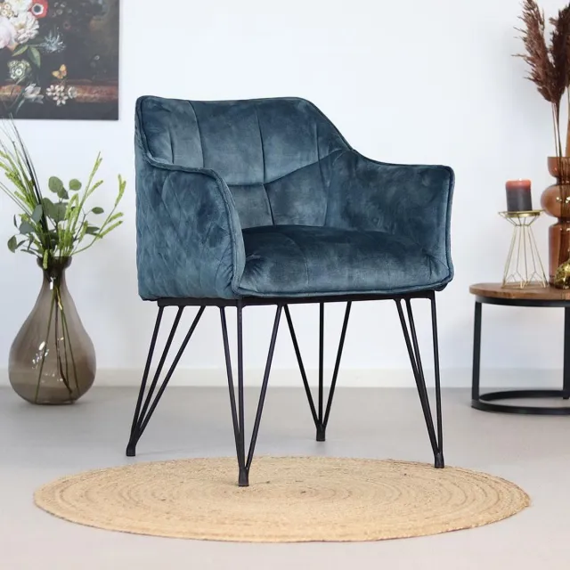 Bronx71 Velvet eetkamerstoel Jayron blauw - Eetkamerstoelen set van 4 - stoel