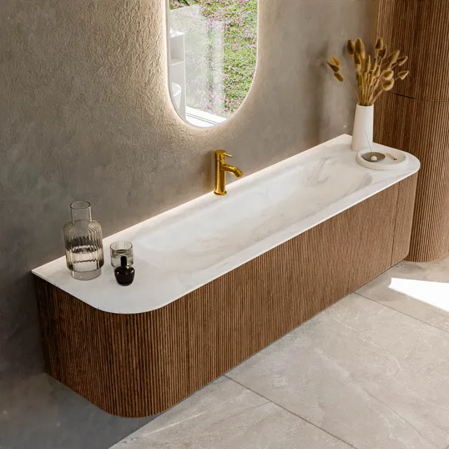 Mondiaz KURVE-DLUX 170 cm Onderkast Greeploos 1 Lade Met Deuren Walnut, Wastafel Solid Surface Midden Ostra 1 Kraangat Zonder Spiegel (KRVBGL170L+R1L2D1KM-Wal/Ost)